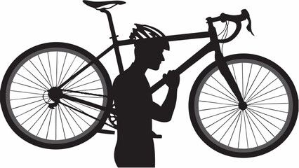 Silhouette of a cyclist carrying a road bike over his shoulder wearing a helmet in black and white