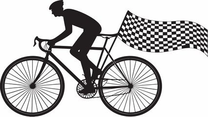Fototapeta premium Silhouette of cyclist riding bicycle with checkered flag indicating race victory and achievement