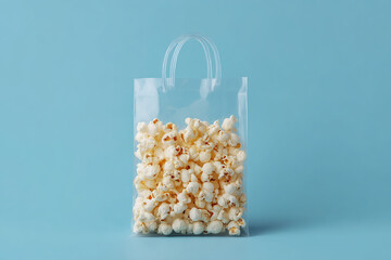 Bag of popcorn on a blue backdrop, simple studio style, perfect for snaking, snack food photography, flat lay style, food photography