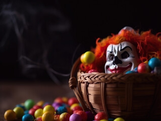 Sinister clown mask in basket with candy. Dark, eerie, and unsettling atmosphere with a vintage aesthetic in dim and soft lighting.