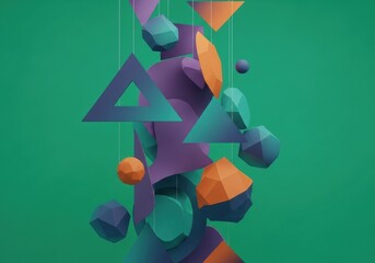 Abstract Geometric Shape Mobile with Colorful Triangles and Spheres on Green Background