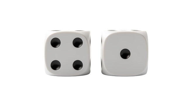 Two white dice showing numbers four and one, representing chance and gaming excitement. Perfect for board games or gambling themes - Powered by Adobe