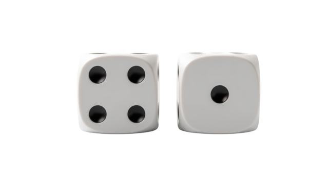 Two white dice showing numbers four and one, representing chance and gaming excitement. Perfect for board games or gambling themes