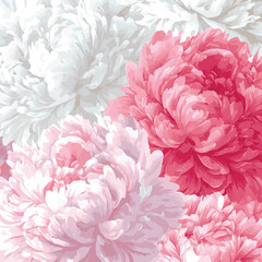 Pink and white peonies seamless background, vector style simple color