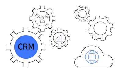 Gears with CRM, graph, and people icons represent integration, cloud technology, and data flow. Ideal for CRM systems, data analysis, collaboration, process optimization productivity global