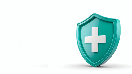 Obraz premium 3D Teal Shield with White Medical Cross, Glossy Healthcare Protection Illustration on White Background with Copy Space