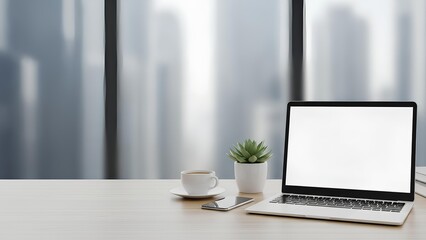 Fototapeta premium Clean Modern Office Desk with Laptop and Coffee, Blurred Cityscape View, Ideal for Remote Work