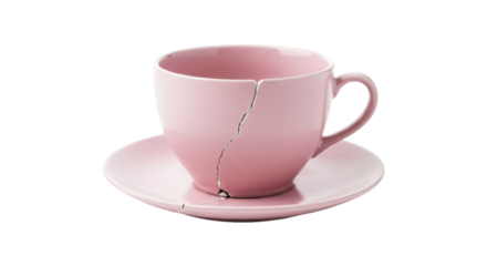 Pink teacup with visible crack on saucer png isolated on transparent background