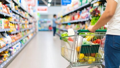 Close-up of a shopper pushing a grocery cart filled with healthy fresh produce down a supermarket aisle.