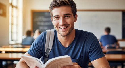 Young, happy student smiling while reading a book in a classroom setting. Represents education, learning, and student life