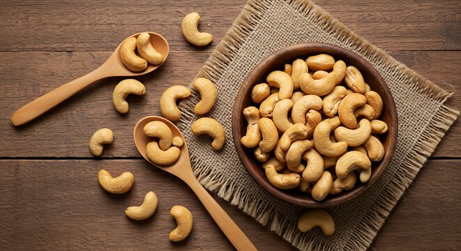 Rustic flat lay of roasted cashew nuts in a bowl on burlap cloth with wooden spoons and scattered nuts on a wooden table, warm natural lighting"