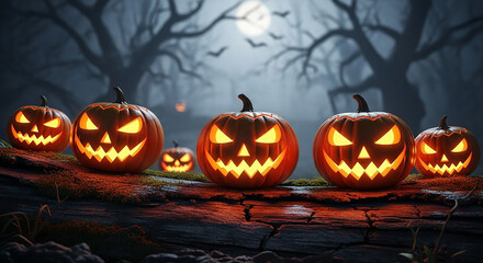 Spooky Forest Sunset with Haunted Jack O&rsquo; Lanterns and Wooden Bench on Halloween Night