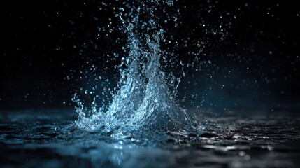 A burst of enchanted blue water rising upward, droplets suspended in the air, detailed hyper-realistic textures, cinematic light contrast on black