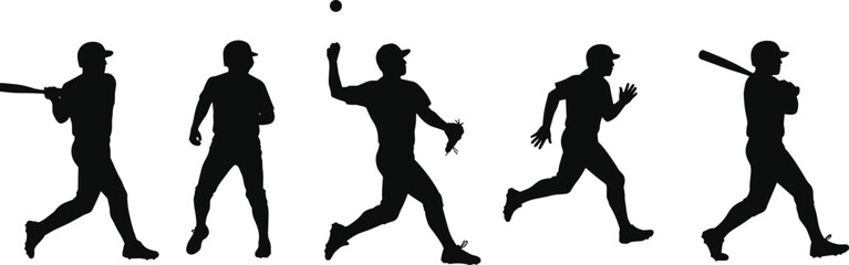 Baseball player silhouettes, batting, pitching, fielding, running, sports illustration, dynamic action, athletic design, black white vector image
