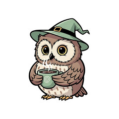 Obraz premium Cute cartoon owl wearing a witch hat, holding a cup of coffee, isolated on transparent background