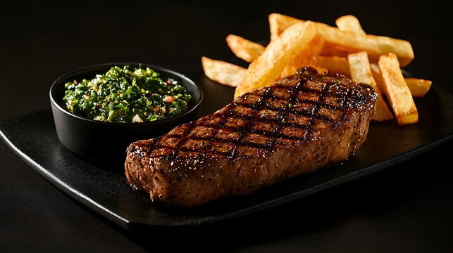 Juicy grilled steak with crispy fries and green gremolata
