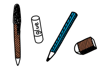 筆記用具(ボールペン・スティックのり・鉛筆・消しゴム)の手描きイラスト