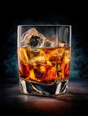 Whiskey rocks glass, ice cubes, dark background
