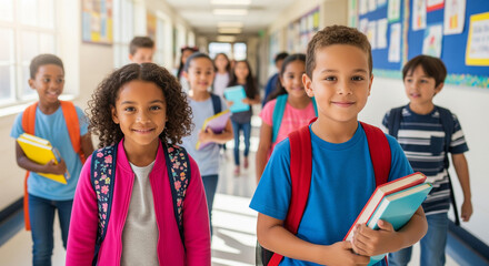 Fototapeta premium Happy elementary school children smiling in a busy hallway, holding books and backpacks. Represents education, learning, and youth