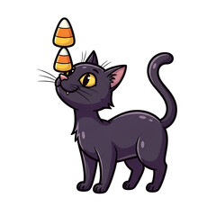 Fototapeta premium Cute black cat balancing candy corn on its nose, isolated on transparent background