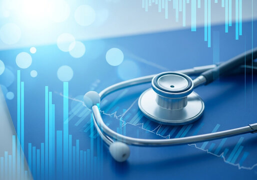 Modern medical stethoscope with futuristic digital health data overlay