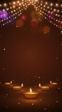 Diwali Diya Lamps arranged in the ground with decorative serial lights in the top portion with Fireworks in the background