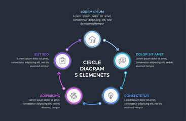 Modern circular infographic with five connected elements, dark background, vector eps10 illustration