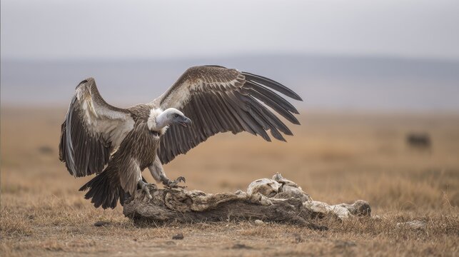 Rüppell's vulture landing near carcass in Masai Mara National Reserve Kenya, critically endangered bird in natural savannah habitat, wildlife scavenger in African ecosystem, majestic predatory species