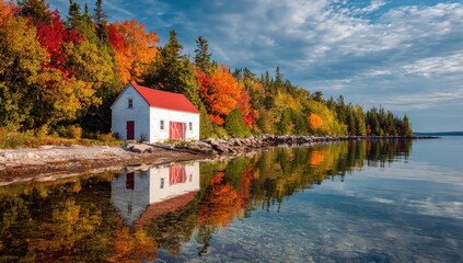 Obraz premium Autumnal cabin reflected on a tranquil lake