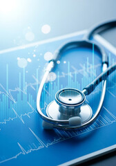 Modern medical stethoscope on a digital screen with health data