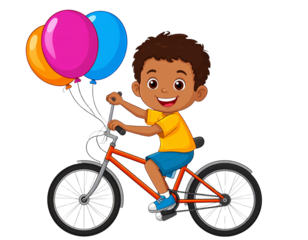 Cartoon Illustration of a Child Riding a Bicycle with a Balloon, isolated on transparent background