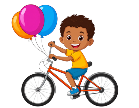 Cartoon Illustration of a Child Riding a Bicycle with a Balloon, isolated on transparent background