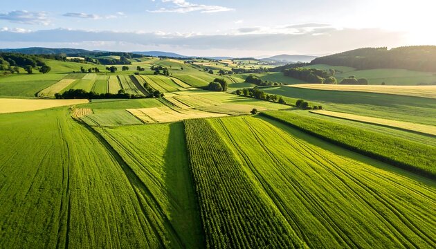 Aerial view of vibrant green fields with sunlight illuminates scenic landscape. - Powered by Adobe