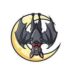 Cute cartoon bat hanging upside down on a crescent moon, isolated on transparent background