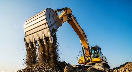 Excavator dumping dirt and rocks from its bucket against a clear blue sky