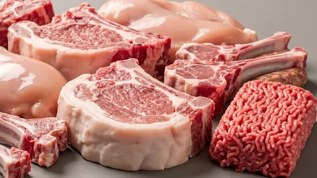 Assorted raw meats rib chops chicken breast ground beef