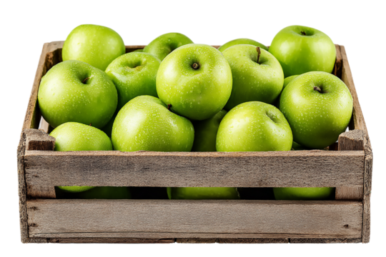 A wooden crate filled with fresh and vibrant green granny smith apples isolated on transparent background