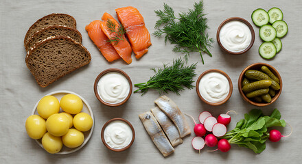 Flat lay of Nordic cuisine essentials on linen cloth background. Rye bread slices, smoked salmon, dill sprigs, boiled potatoes, pickled herring, sour cream, radishes, and cucumber slices. Minimal styl