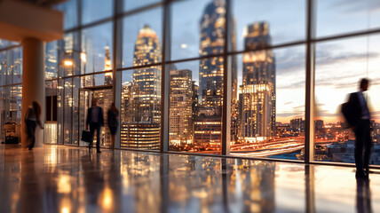Busy office lobby with city skyline view during twilight hour