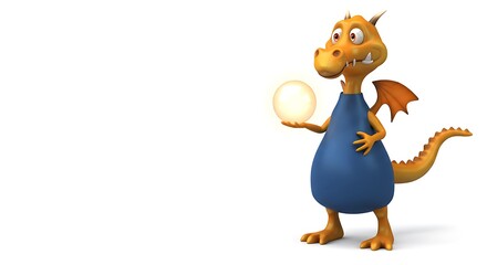 Fototapeta premium 3d cartoon illustration, dragon holding a glowing ball, on the right side of the image with clear copy space on the left for text. ,isolated on white background