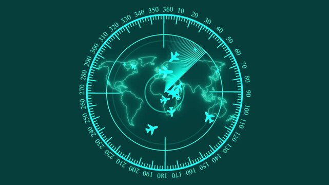 A fictional air traffic controller radar sweep screen with miscellaneous animated data and graphs.Digital realistic radar with targets on monitor in searching. Air search . Military search system . 