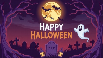 Spooky Happy Halloween greeting with bats flying under a full moon over a haunted graveyard scene