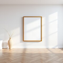 Empty golden framed picture on white wall with decorative vase and natural light casting shadows on wooden floor