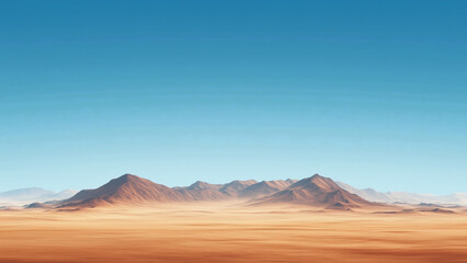 Naklejka premium Red desert panorama with rocky mountains, cliffs, orange sand, and blue sky. Perfect for nature, travel, dramatic landscapes, and adventure visuals.