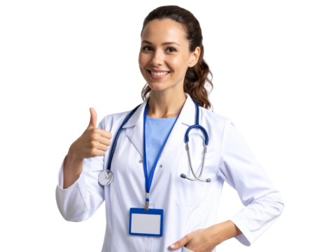 Female Doctor Giving Thumbs Up, Half-Body Angle, isolated on transparent background