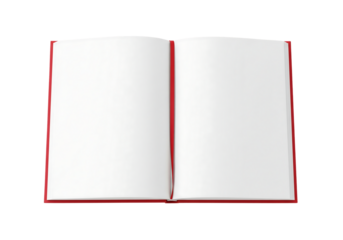 Open red book with blank white pages for mockup or design. Isolated on transparent background, png