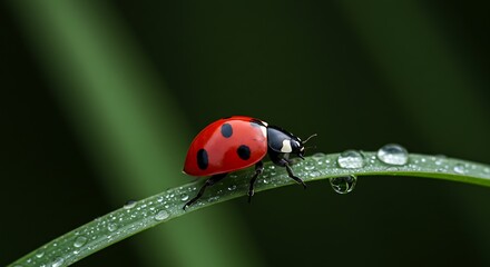 Fototapeta premium Ladybug on Dewy Leaf, Red and Black Ladybug Exploring a Fresh Green Leaf After a Rain Shower