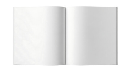 Open blank book or magazine with empty pages, top down view mockup. Isolated on transparent background, png
