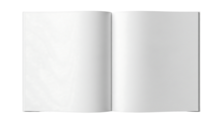 Open blank book or magazine with empty pages, top down view mockup. Isolated on transparent background, png