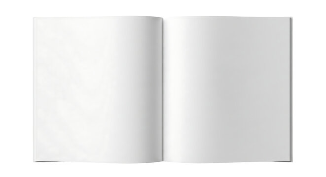 Open blank book or magazine with empty pages, top down view mockup. Isolated on transparent background, png